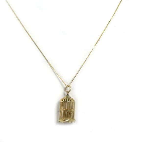 Vintage 14k Yellow Gold Bird Cage Pendant & Chain